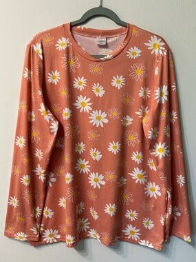 Real Essentials Coral Daisy Print Tee with White & Yellow Flowers Size XL